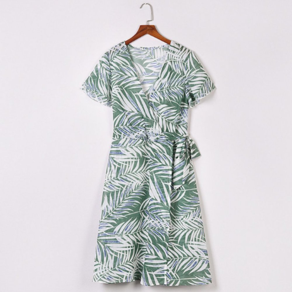 Tropical Wrap Tie Waist Dress